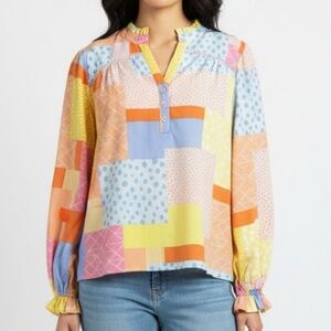 FATE whimsical patchwork pastel top size XL artsy eclectic pop of color shirt
